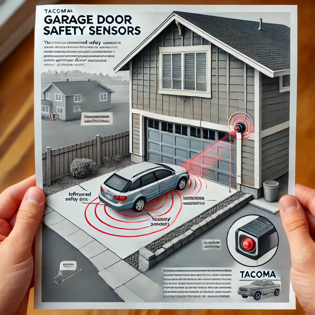 Close-up of infrared garage door safety sensors in Tacoma, showing their installation at the base of a garage door track and a visible infrared beam detecting obstacles.