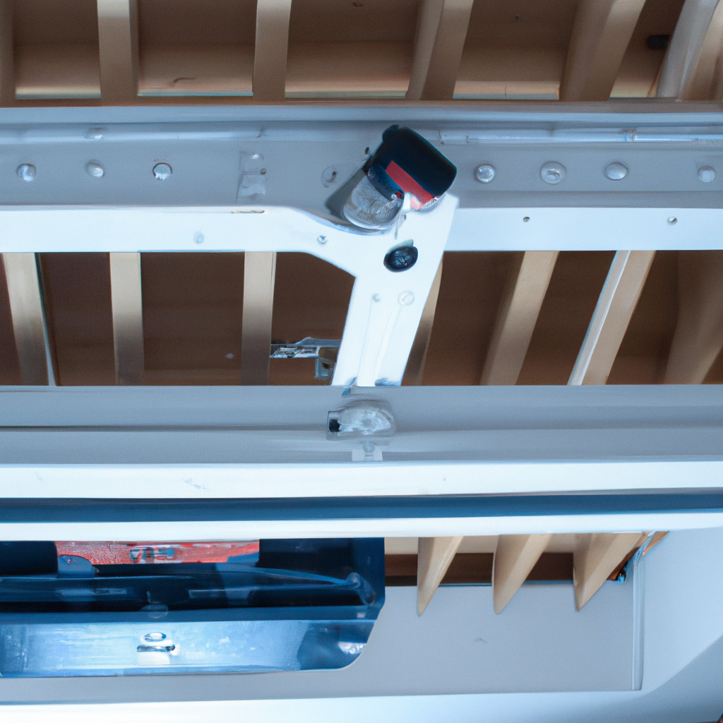 Close-up of a well-lubricated garage door opener mechanism and track in a clean garage