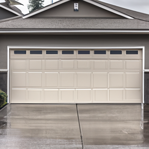 Modern insulated garage door on a residential home in Tacoma, WA with wet pavement and overcast sky; door panels and hardware visible.