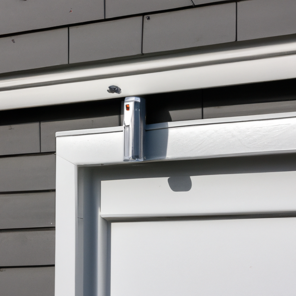 Close-up of a garage door safety sensor mounted near the floor on a residential garage door track