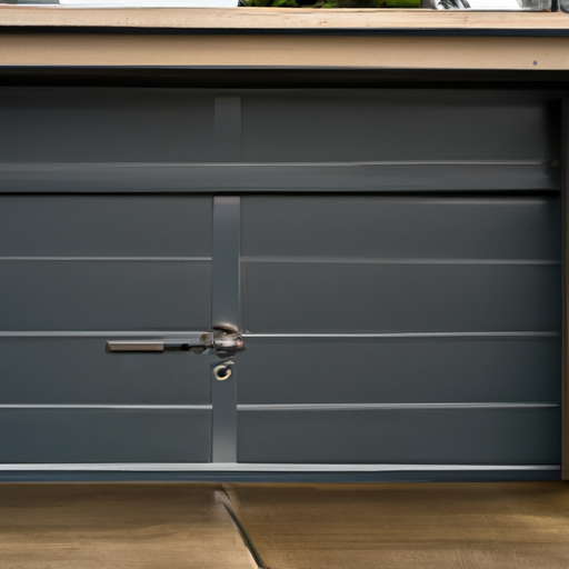 Residential garage door in Tacoma neighborhood showing tracks, rollers, and opener under overcast Pacific Northwest sky.
