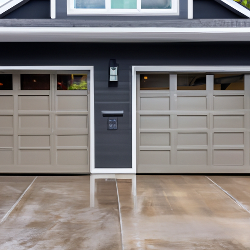 Exterior view of a residential garage door in Tacoma on an overcast day, showing door panels, weather seal, and driveway.