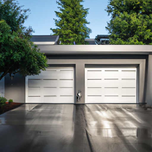 Modern residential garage door with visible sensors and smart opener, Tacoma neighborhood in morning light, wet pavement and evergreens.