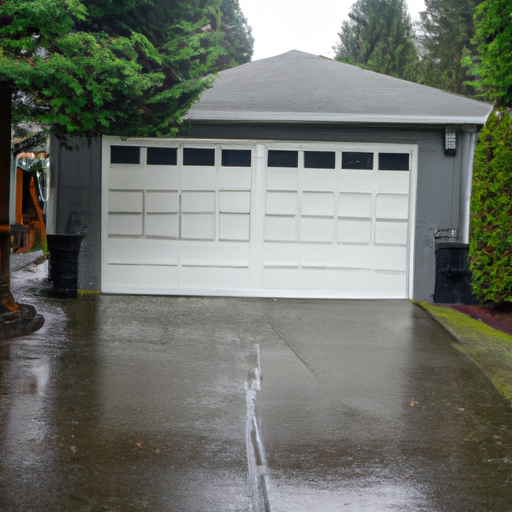 Insulated residential garage door in Tacoma with wet driveway and evergreen backdrop, no people.