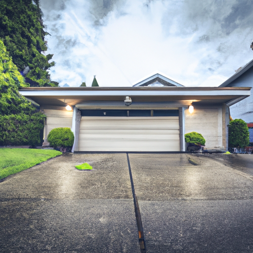 Sectional garage door on a Tacoma home with visible bottom seal and wet pavement under overcast sky.