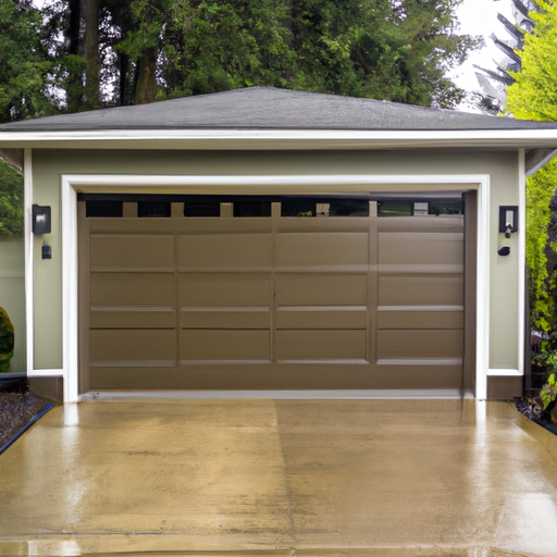 Suburban Tacoma garage door on a wet driveway under overcast sky with evergreen trees in the background.