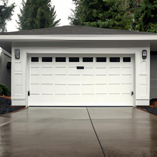 White residential sectional garage door on a wet overcast day in Tacoma with cedar siding and evergreen backdrop.