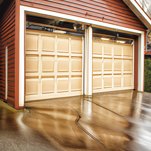Residential garage door on a wet, overcast day in Tacoma with visible seals and tracks.