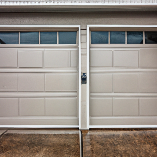 Suburban Tacoma garage door showing weather seals, threshold, and wet pavement.