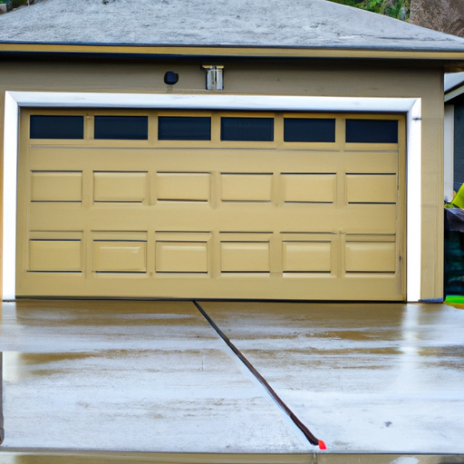 Closed insulated garage door on a suburban Tacoma home exterior, visible tracks and hardware on a wet overcast day.
