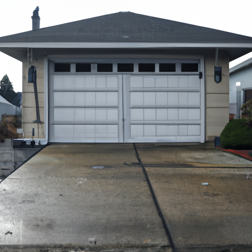 Wide view of a suburban Tacoma garage door on an overcast, wet day showing panels, tracks and hardware.