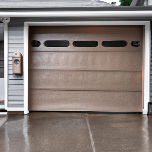 Sectional garage door on a Craftsman home in Tacoma with visible track and weatherstripping on a wet driveway.