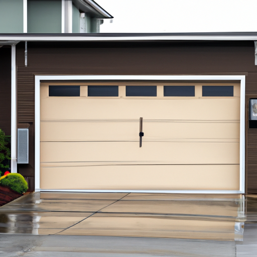 Residential garage exterior in Tacoma with a visible smart opener antenna and weatherproof sensor on a cloudy day.