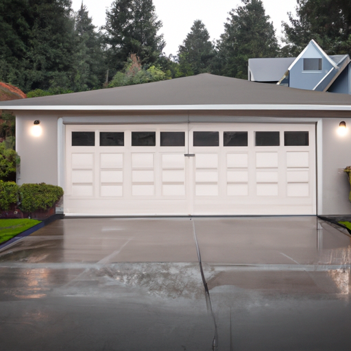 Residential garage door on a suburban Tacoma street with damp pavement and evergreen backdrop.