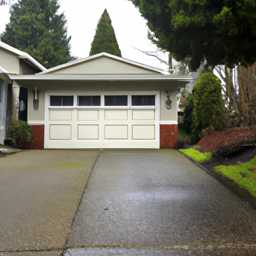 Closed sectional garage door on a Craftsman-style Tacoma home on an overcast day with wet pavement visible.