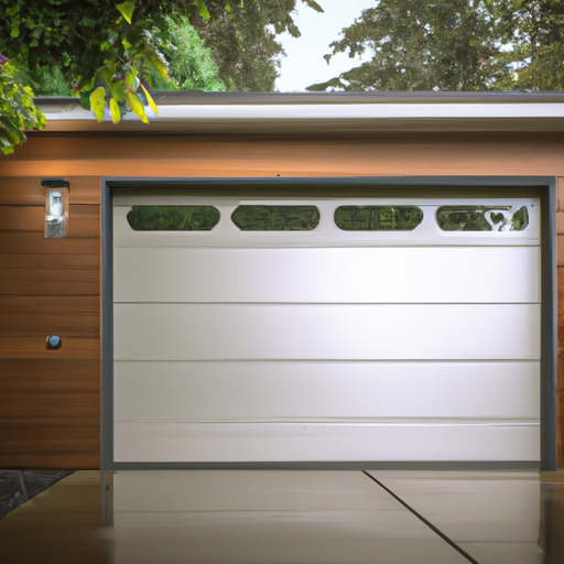 Modern steel garage door with integrated keypad and smart hub on a wet Tacoma driveway, overcast PNW light.