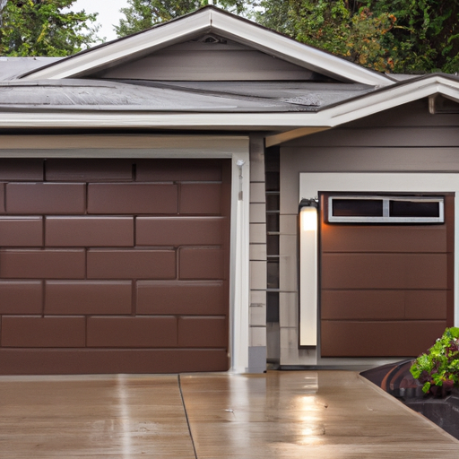 Suburban Tacoma home with a modern insulated steel garage door partially open on an overcast, wet day, tracks and seals visible.