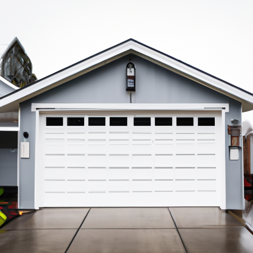 Residential garage door with insulated panels and new weather seal on a wet Tacoma driveway, Pacific Northwest setting.