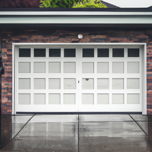 Closed residential garage door on a wet Tacoma street, showing panels and weather seals, overcast lighting.