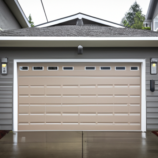 Insulated garage door on a Tacoma home with wet driveway and cedar siding, showing weather seals and full door profile.