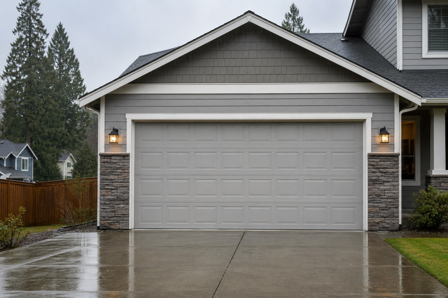 Tacoma home garage door on a damp overcast day, shown from the driveway